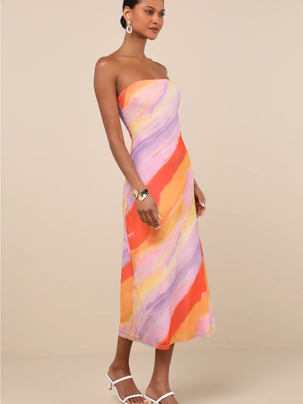 Strapless Midi Dress in Sunset Swirl - Pink, Orange & Yellow